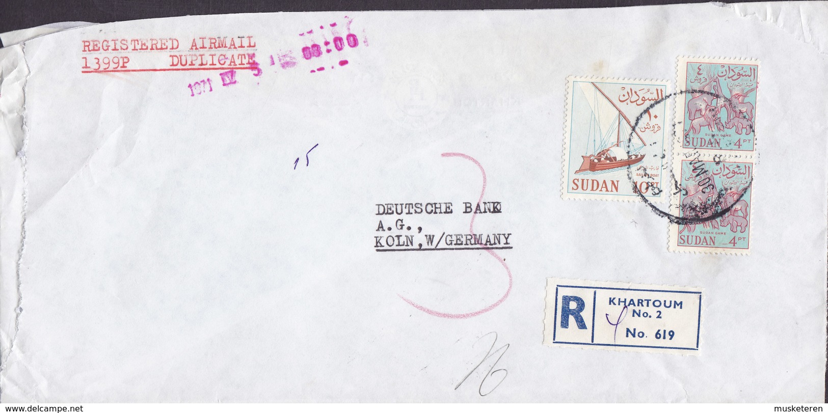 Sudan EL NILEIN BANK Registered Einschreiben Label KHARTOUM 1971 Cover Brief DEUTSCHE BANK Köln Animals 10 Pia Segelboot - Sudan (1954-...)