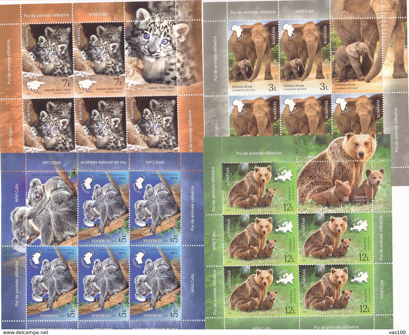 WILD CUBS;BEARS,LEOPARDBEARS KOALA,ELEPHANTS,MINISHEET 5 SET + LABELS,MNH(**) ROMANIA. - Eléphants