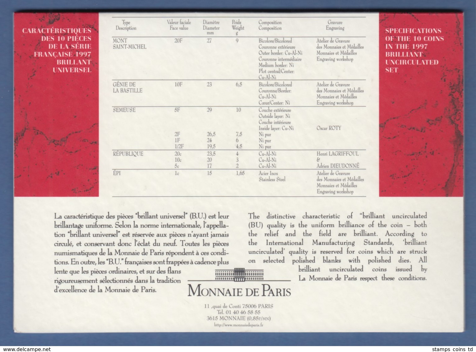 Frankreich Offizieller Kursmünzensatz 1997 Im Folder Monnaie De Paris - Selten ! - Sonstige & Ohne Zuordnung