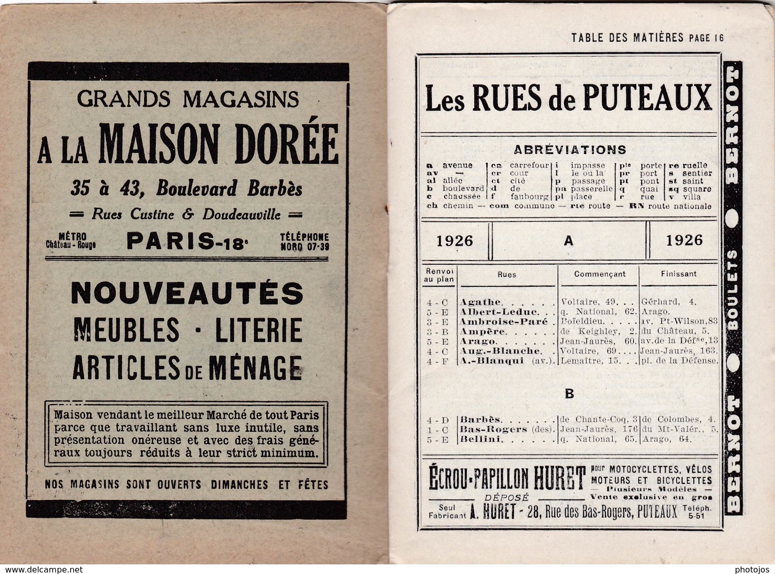 Les Guides Verts : Puteaux (92) Plan Rues Renseignements En 1926  Publicités Commerciales - Europe