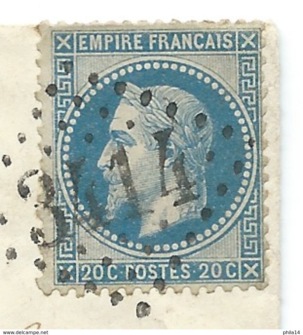 N°29 BLEU NAPOLEON SUR LETTRE / SIMORRE GERS POUR MARCIAC 1868 INDICE 9 - 1849-1876: Période Classique