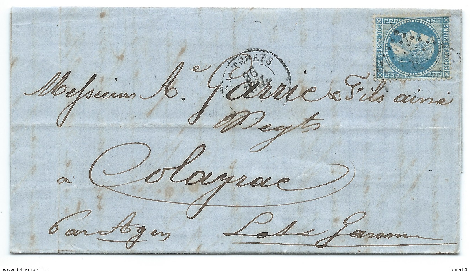 N°29 BLEU NAPOLEON SUR LETTRE / CAUTERETS POUR COLAYRAC 1868 - 1849-1876: Période Classique