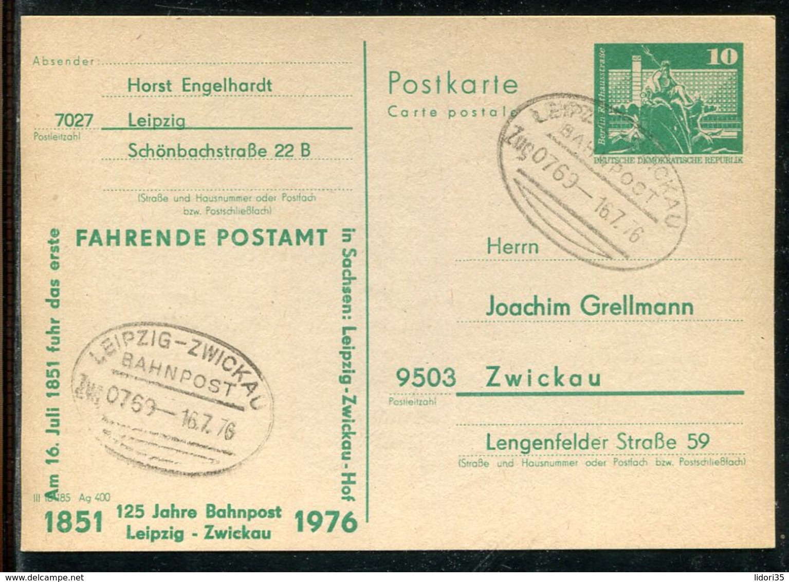 DDR / 1976 / Postkarte Mit Privatem Zudruck, Bahnpost-Stempel LEIPZIG-ZWICKAU (23234) - Cartoline Private - Usati