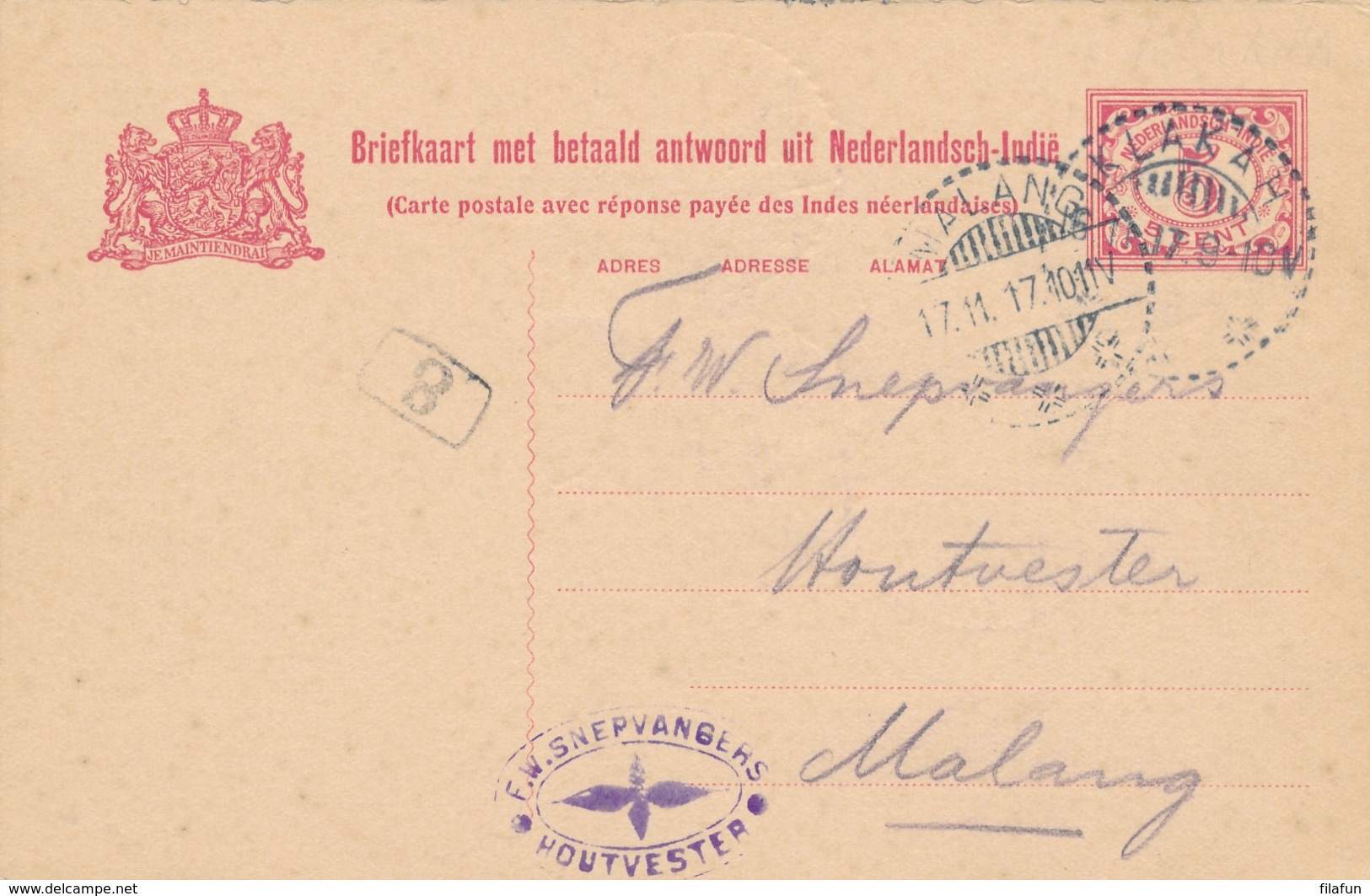 Nederlands Indië - 1917 - 5(+5) Cent Cijfer, Vraagbriefkaart G24V Van LB KLAKAH Naar Malang - Niederländisch-Indien