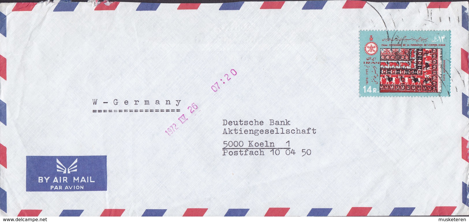 Iran MERCK, TEHERAN 1972 Cover Brief DEUTSCHE BANK Köln Germany 14 R Carpet Teppich Stamp Kunst Achämeniden - Iran