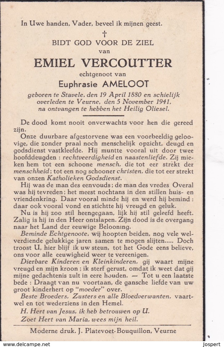 Stavele, Veurne, 1941, Emiel Vercoutter, Ameloot - Images Religieuses