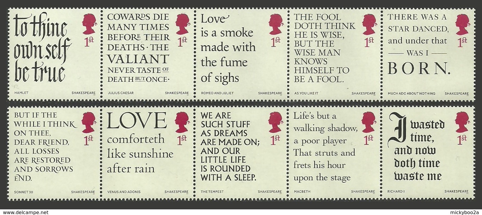 GB 2016 SHAKESPEARE CALLIGRAPHIC TEXTS & SONNETS SET MNH - Unused Stamps