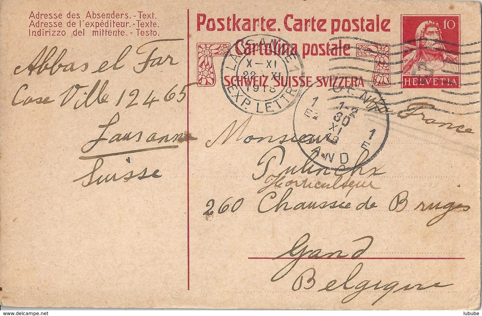 PK 62  Lausanne - Gent Belgien        1918 - Enteros Postales