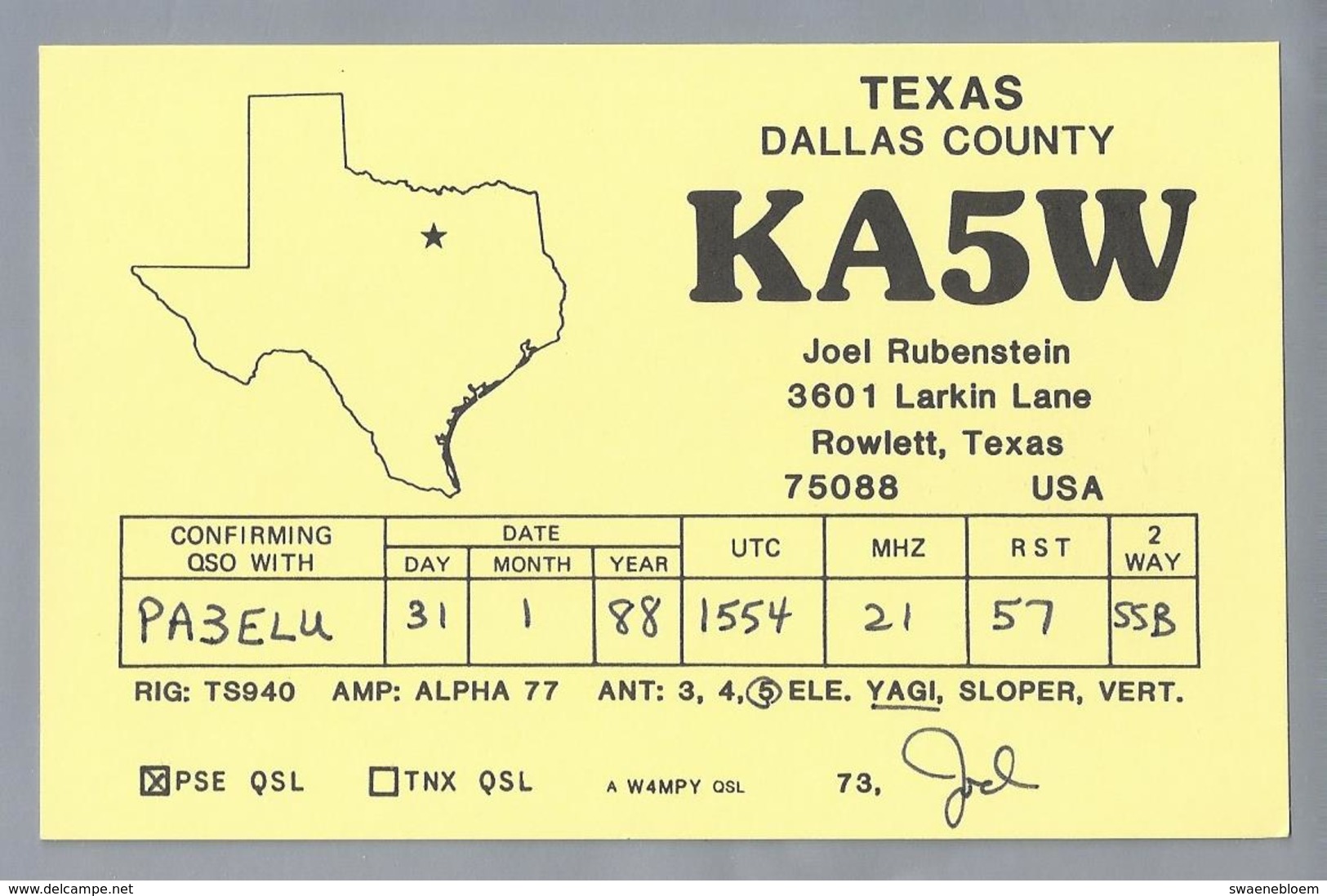 US.- QSL KAART. CARD. KA5W. JOEL RUBENSTEIN, ROWLETT, TEXAS. DALLAS COUNTY. U.S.A. - Radio-amateur