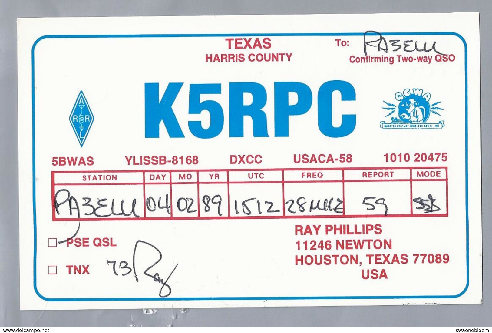 US.- QSL KAART. CARD. K5RPC. RAY PHILLIPS, NEWTON, TEXAS. HARRIS COUNTY. U.S.A. - Radio-amateur