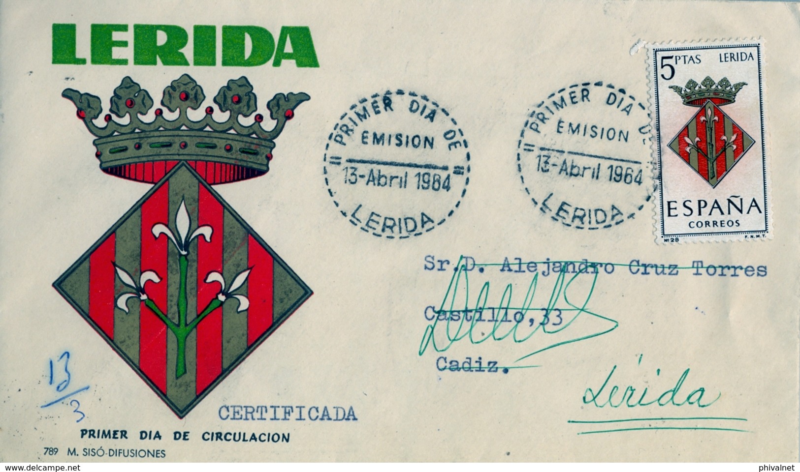 1964 , CERTIFICADO CIRCULADO A CADIZ  , DESCONOCIDO , DEVUELTO A SU PROCEDENCIA , 2º REPARTO CARTERIA - Cartas & Documentos