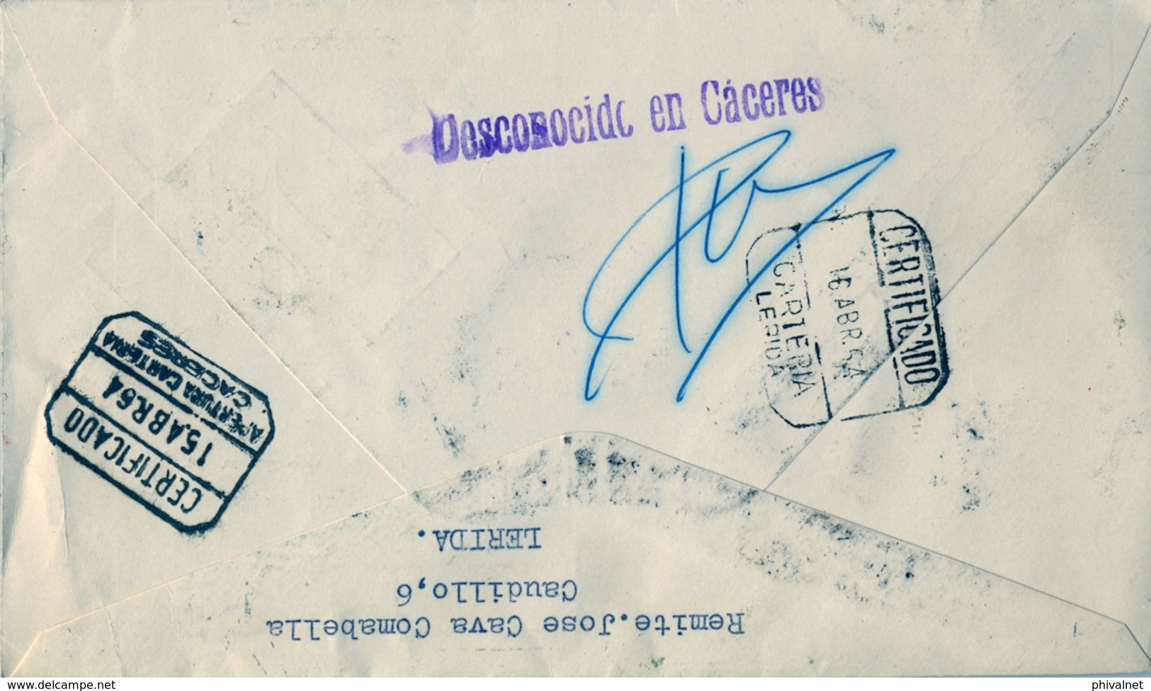 1964 , CERTIFICADO CIRCULADO A CACERES , DESCONOCIDO EN CÁCERES , DEVUELTO A SU PROCEDENCIA , APERTURA CARTERIA - Cartas & Documentos