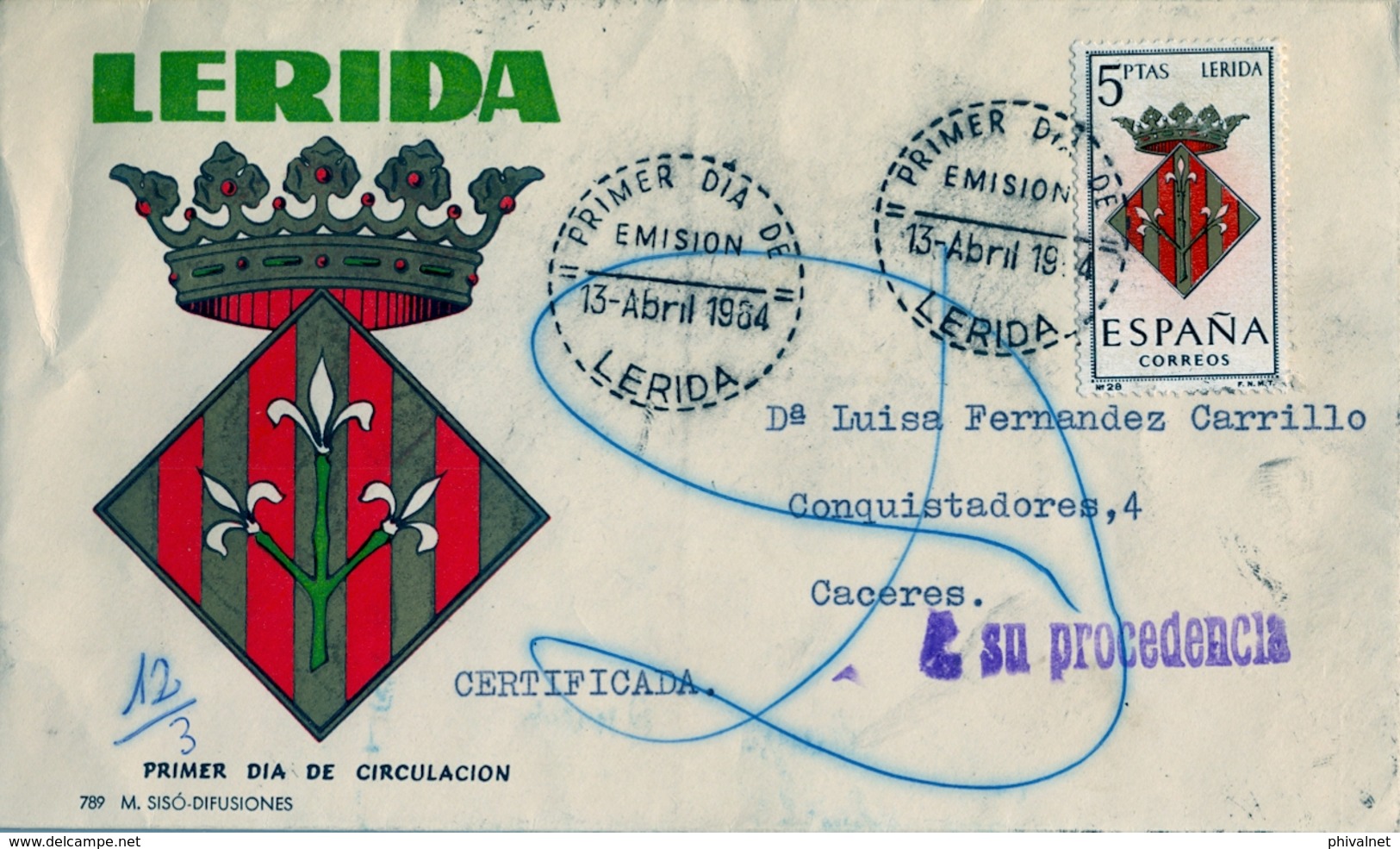 1964 , CERTIFICADO CIRCULADO A CACERES , DESCONOCIDO EN CÁCERES , DEVUELTO A SU PROCEDENCIA , APERTURA CARTERIA - Cartas & Documentos