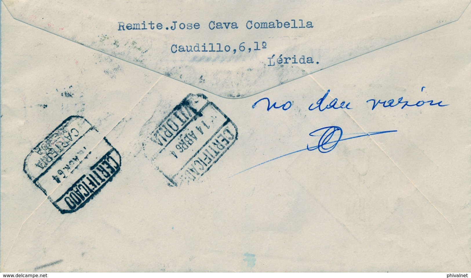 1964 , CERTIFICADO CIRCULADO A VITORIA , DESCONOCIDO , DEVUELTO A SU PROCEDENCIA , " NO DAN RAZÓN Y FIRMA " - Cartas & Documentos