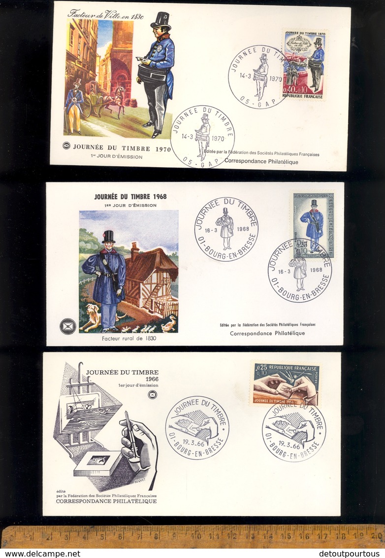 X3 Timbre Poste Sur Enveloppe Journée Du Timbre Bourg En Bresse 1966 1968 & Gap 1970 Facteurs - Collectors