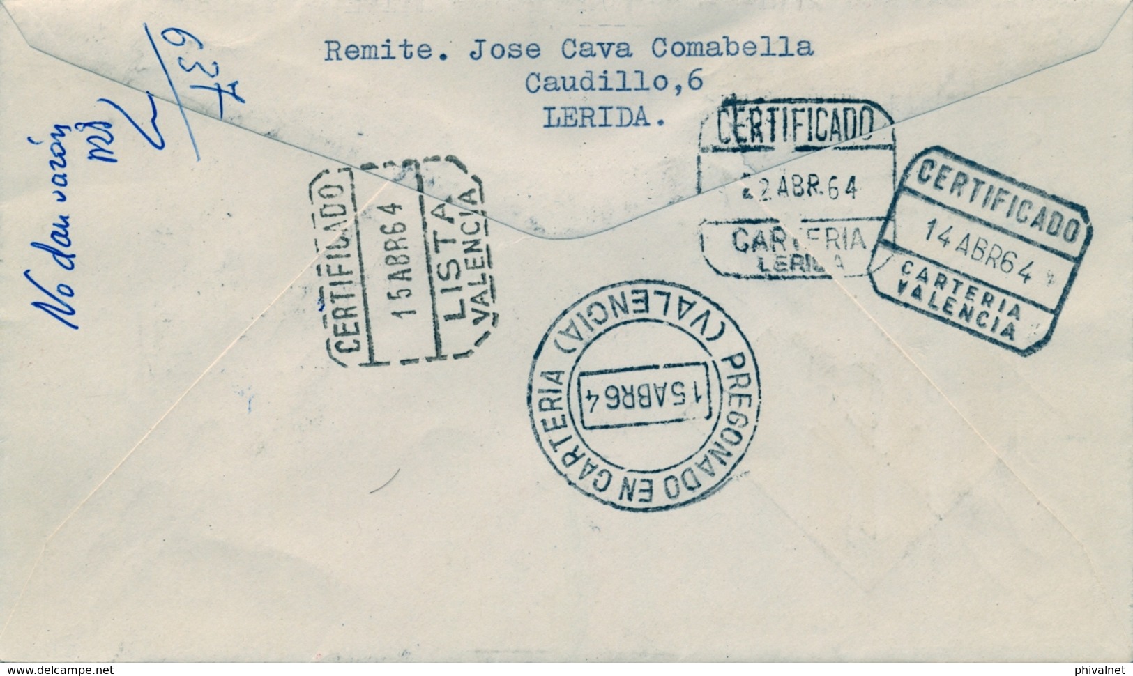 1964 , CERTIFICADO CIRCULADO A VALENCIA , DESCONOCIDO , DEVUELTO A SU PROCEDENCIA , PREGONADO EN CARTERIA , LISTA - Cartas & Documentos