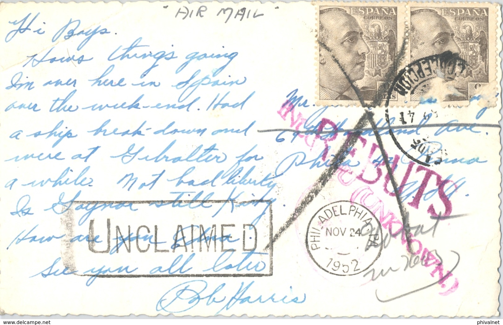 1952 , TARJETA POSTAL CIRCULADA , CADIZ , LA LINEA DE LA CONCEPCIÓN - PHILADELPHIA , DESCONOCIDO " UNCLAIMED " , REBUTS - Cartas & Documentos