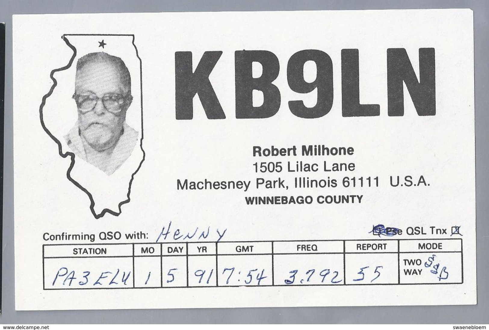 US.- QSL KAART. CARD. KB9LN. ROBERT MILHONE, MACHESNEY PARK, ILLINOIS. WINNEBAGO COUNTY. U.S.A. - Radio-amateur