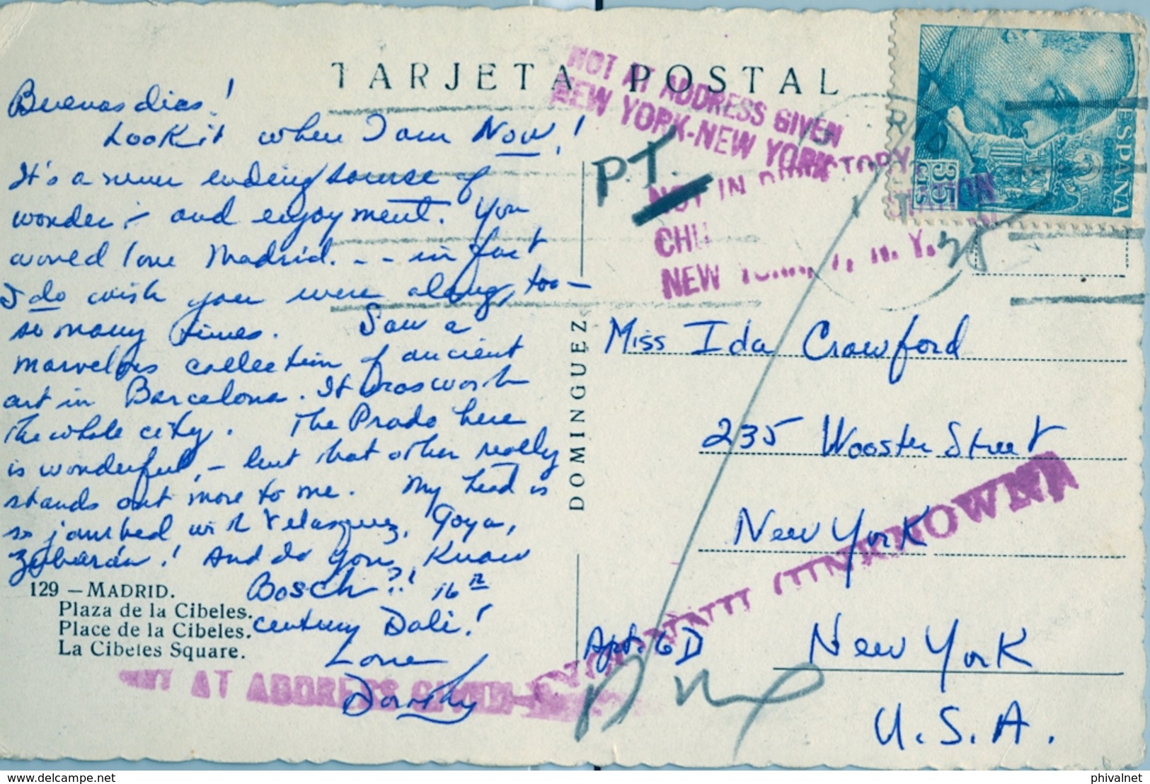 1953 , TARJETA POSTAL CIRCULADA , MADRID - NUEVA YORK , " NOT IN DIRECTORY " , DESCONOCIDO , " NOT AT ADDRESS GIVEN " - Cartas & Documentos