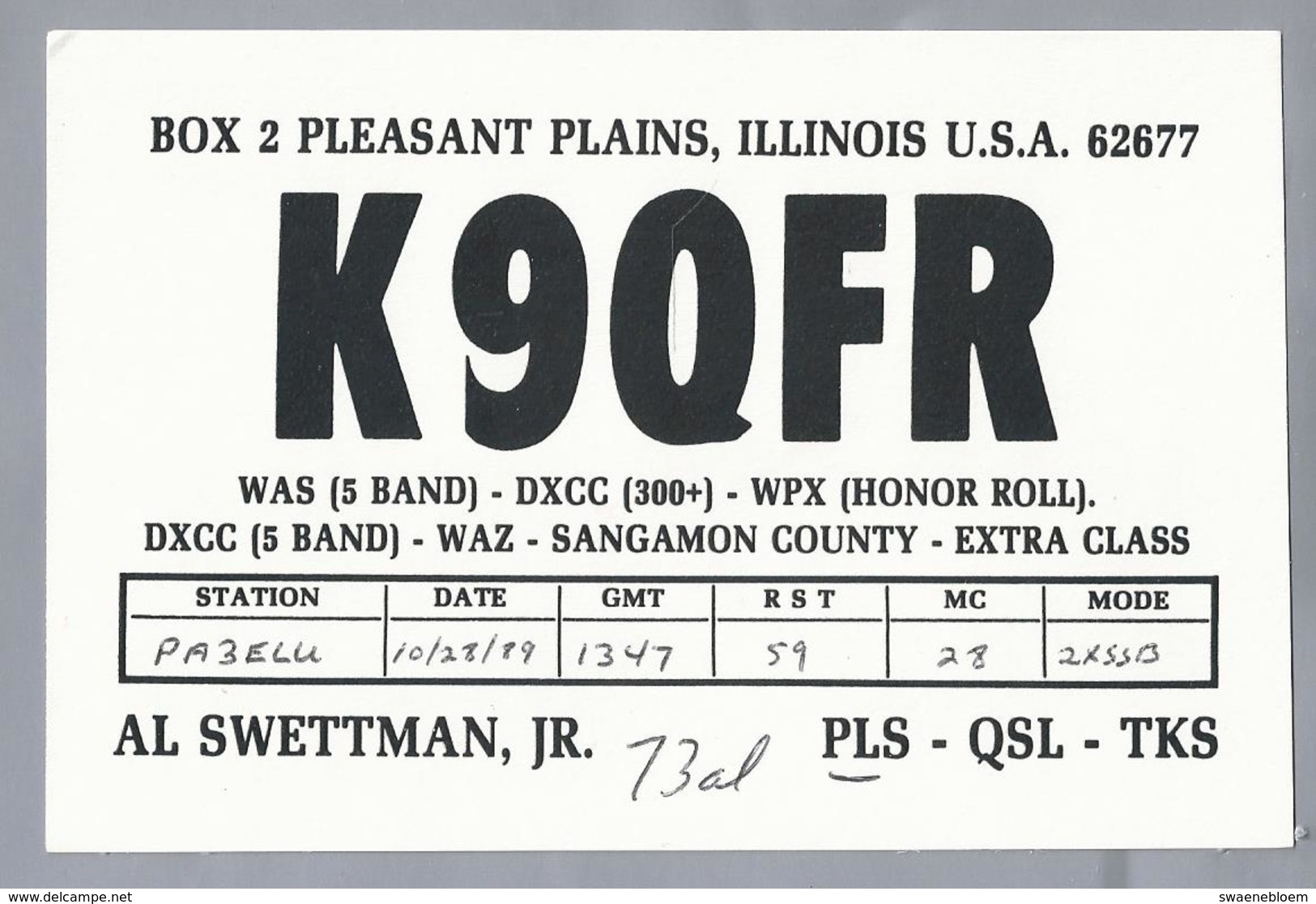 US.- QSL KAART. CARD. K9QFR. AL SWETTMAN, Jr., ILLINOIS. SANGAMON COUNTY. U.S.A. - Radio-amateur