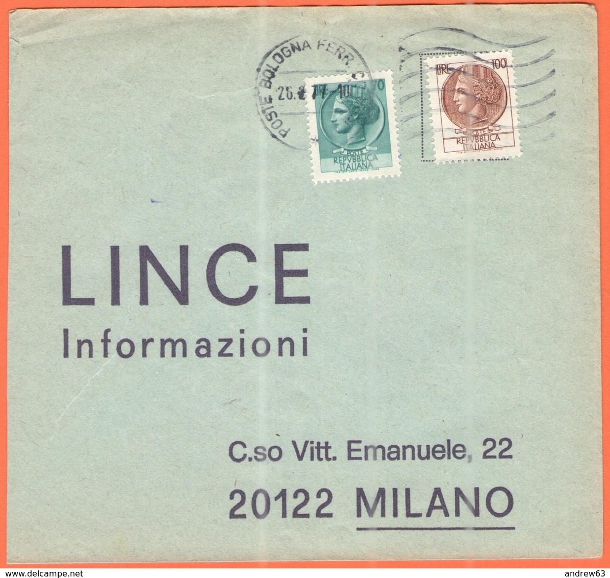 ITALIA - ITALY - ITALIE - 1977 - 70 + 100 Siracusana - Lince Informazioni - Frammento - Viaggiata Da Bologna Per Milano - 1971-80: Marcophilia