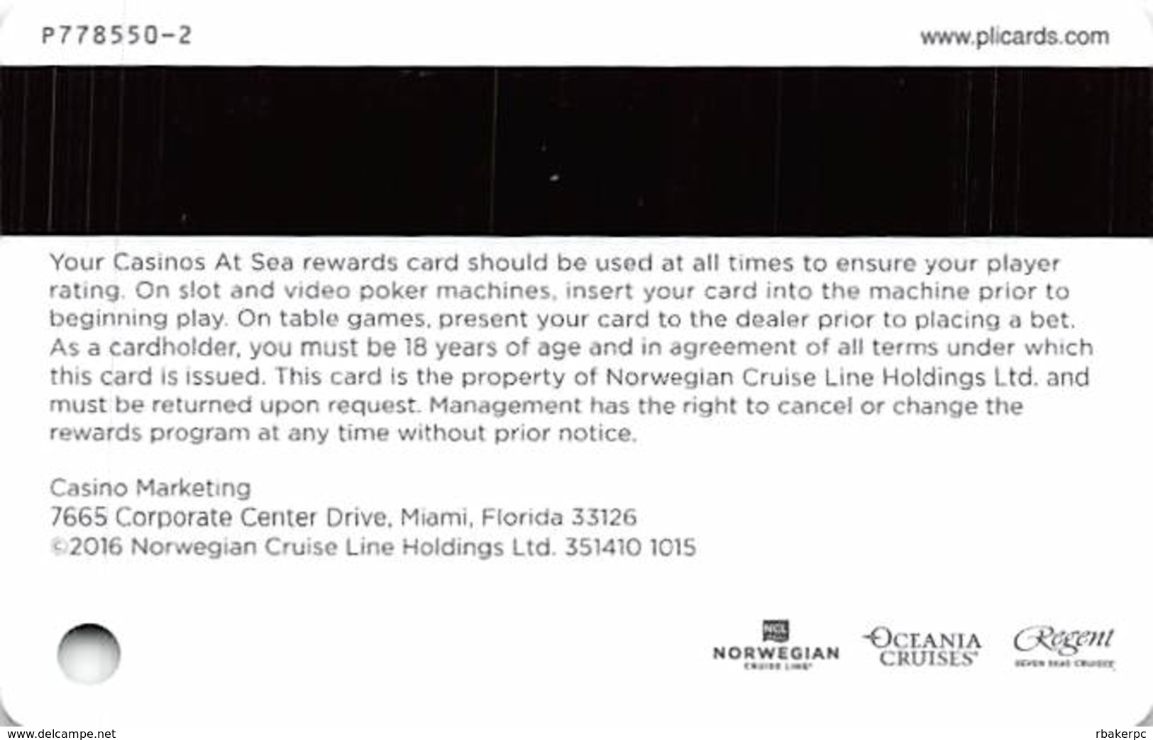 Norwegian Cruise Line - Jade Casinos At Sea Card With P778550-2 On Reverse Copyright 2016 - Casino Cards