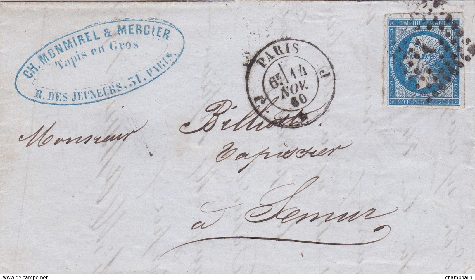 LAC De Paris (75) Pour Semur-en-Auxois (21) - 14 Novembre 1860 - Timbre YT14 + Ob. Losange J - CAD N°1521 & 15 + Amb. - 1849-1876: Klassieke Periode