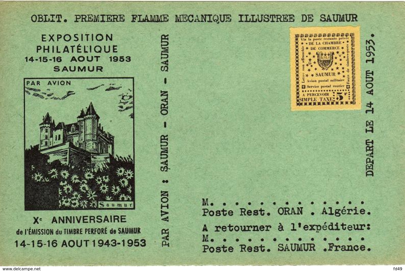 Carte Spéciale Verte Gréve De Saumur 1953 Vignette Jaune 5F - Other & Unclassified