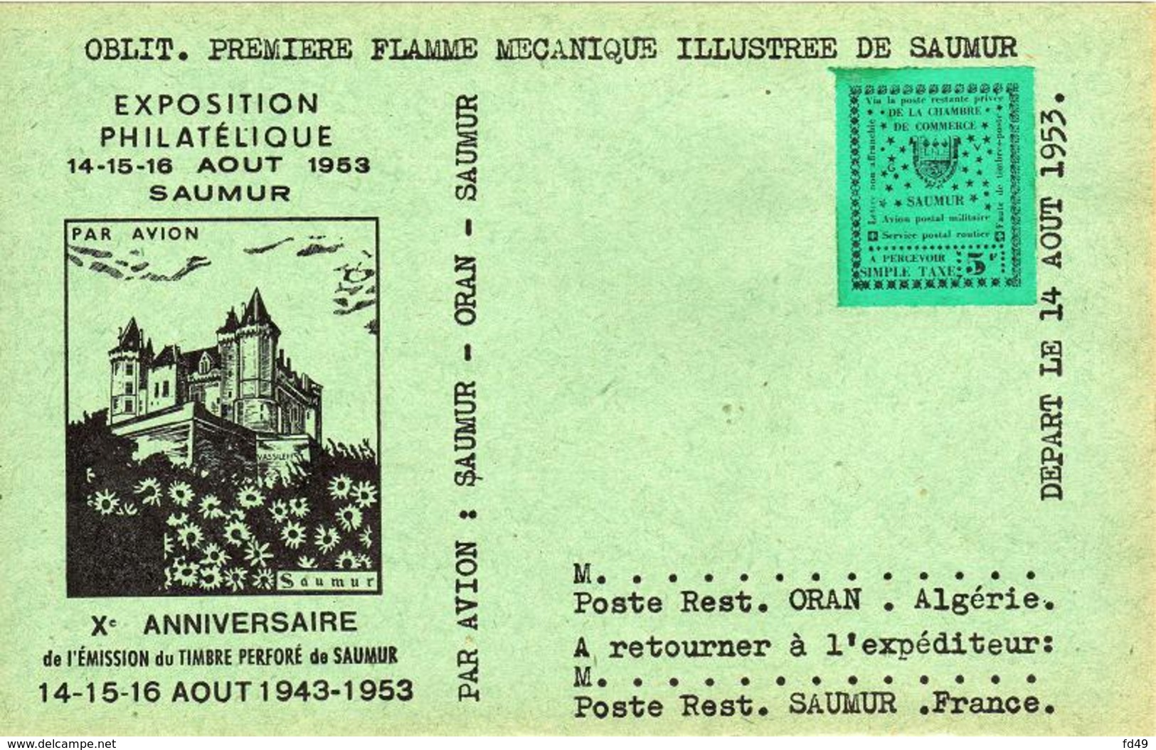 Carte Spéciale Verte Gréve De Saumur 1953 Vignette Verte 5F - Andere & Zonder Classificatie