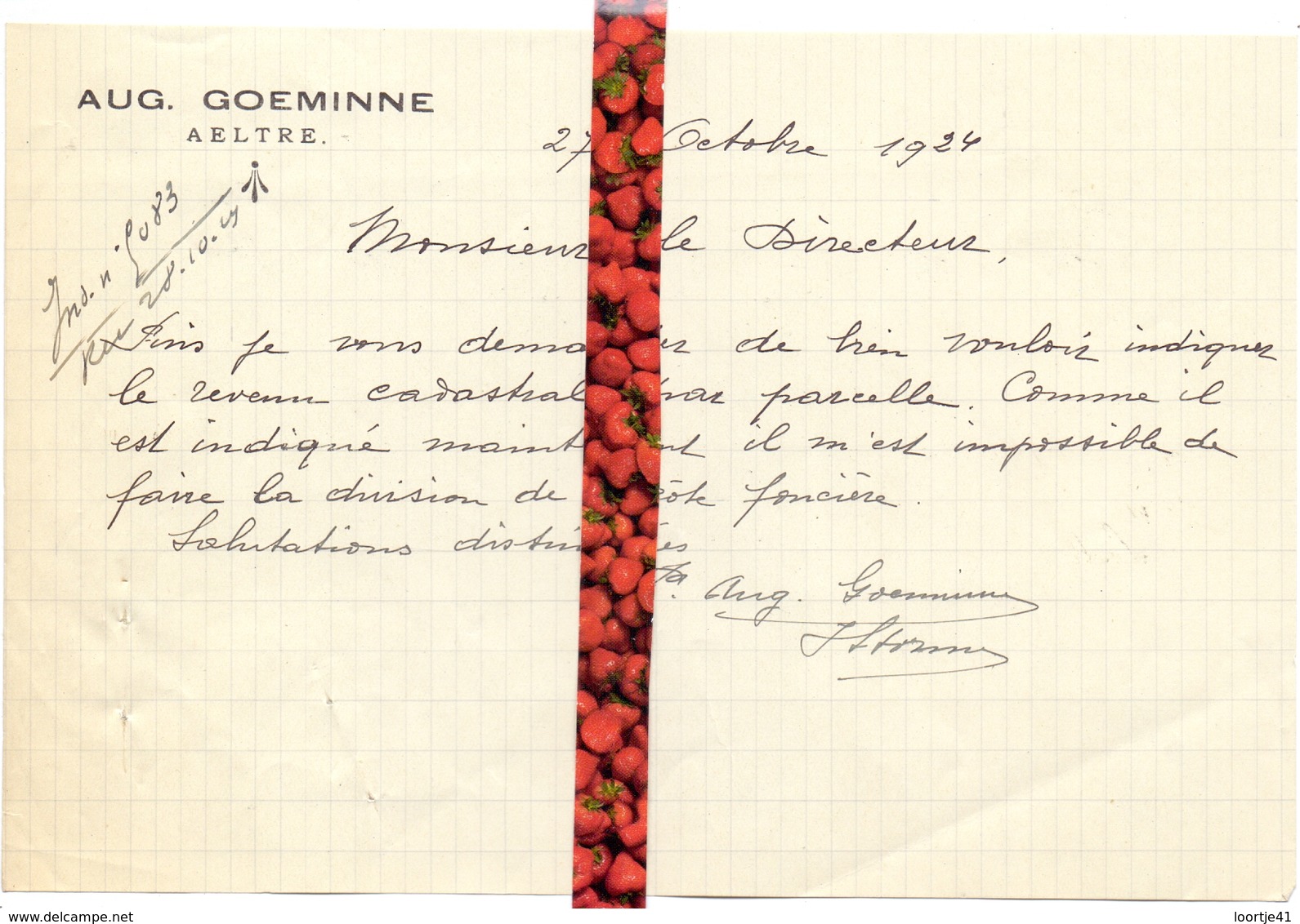 Brief Lettre - August Goeminne Aalter - Naar Kadaster 1924 + Brief Met Antwoord - Non Classés