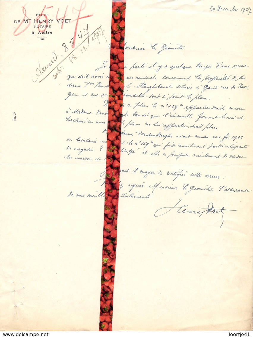Brief Lettre - Notaris Henri Voet  Aalter - Naar Kadaster 1927 + Brief Met Antwoord - Non Classés