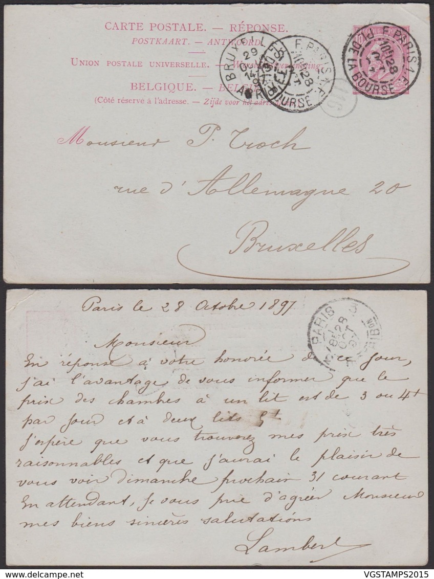 BELGIQUE EP10c ROUGE CARTE REPONSE DE PARIS PLACE DE LA BOURSE 28/10/1897 VERS BRUXELLES (DD) DC-3832 - 1884-1891 Leopold II.