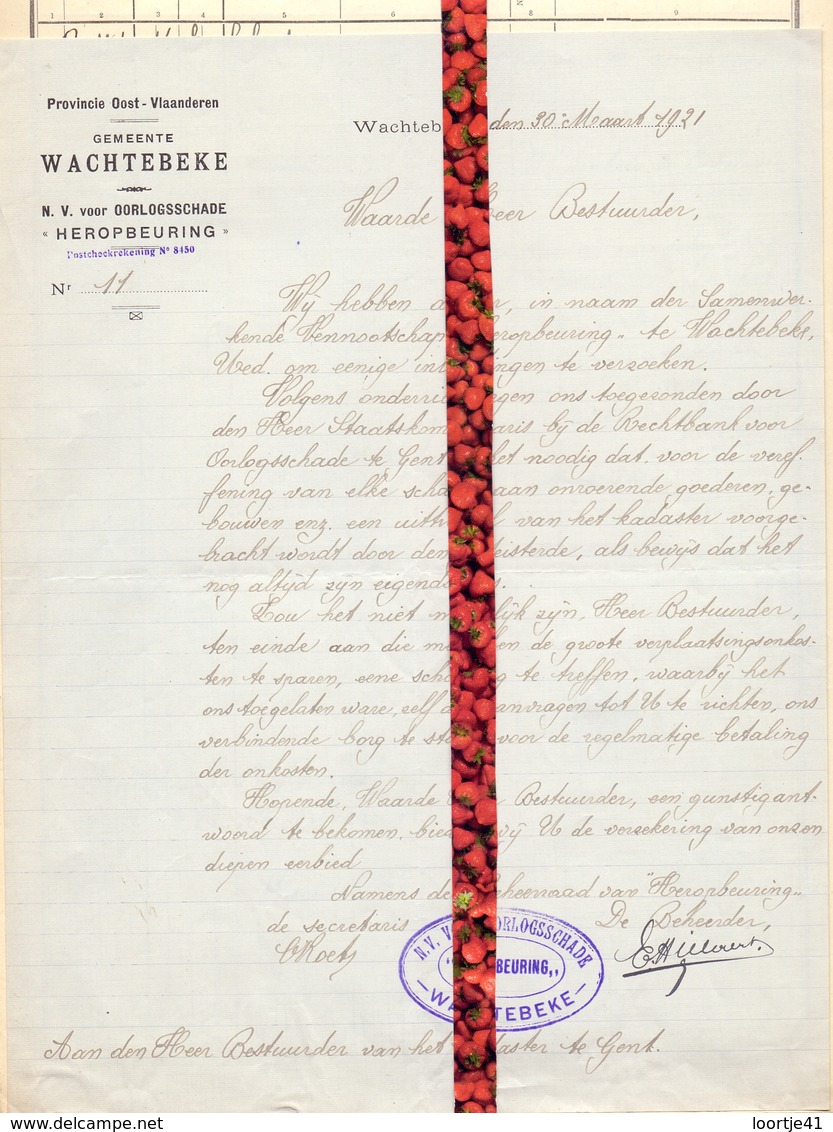 Brief Lettre - NV Oorlogsschade Heropbeuring Gemeente Wachtebeke  - Naar Kadaster 1921 + Brief Met Antwoord - Non Classés