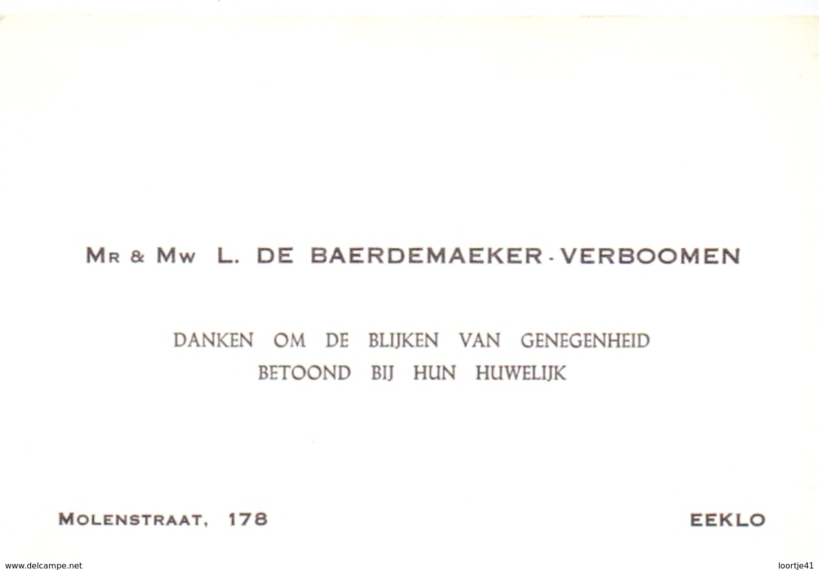 Visitekaartje - Carte Visite - Mr & Mme De Baerdemaeker - Verboomen - Eeklo - Cartes De Visite