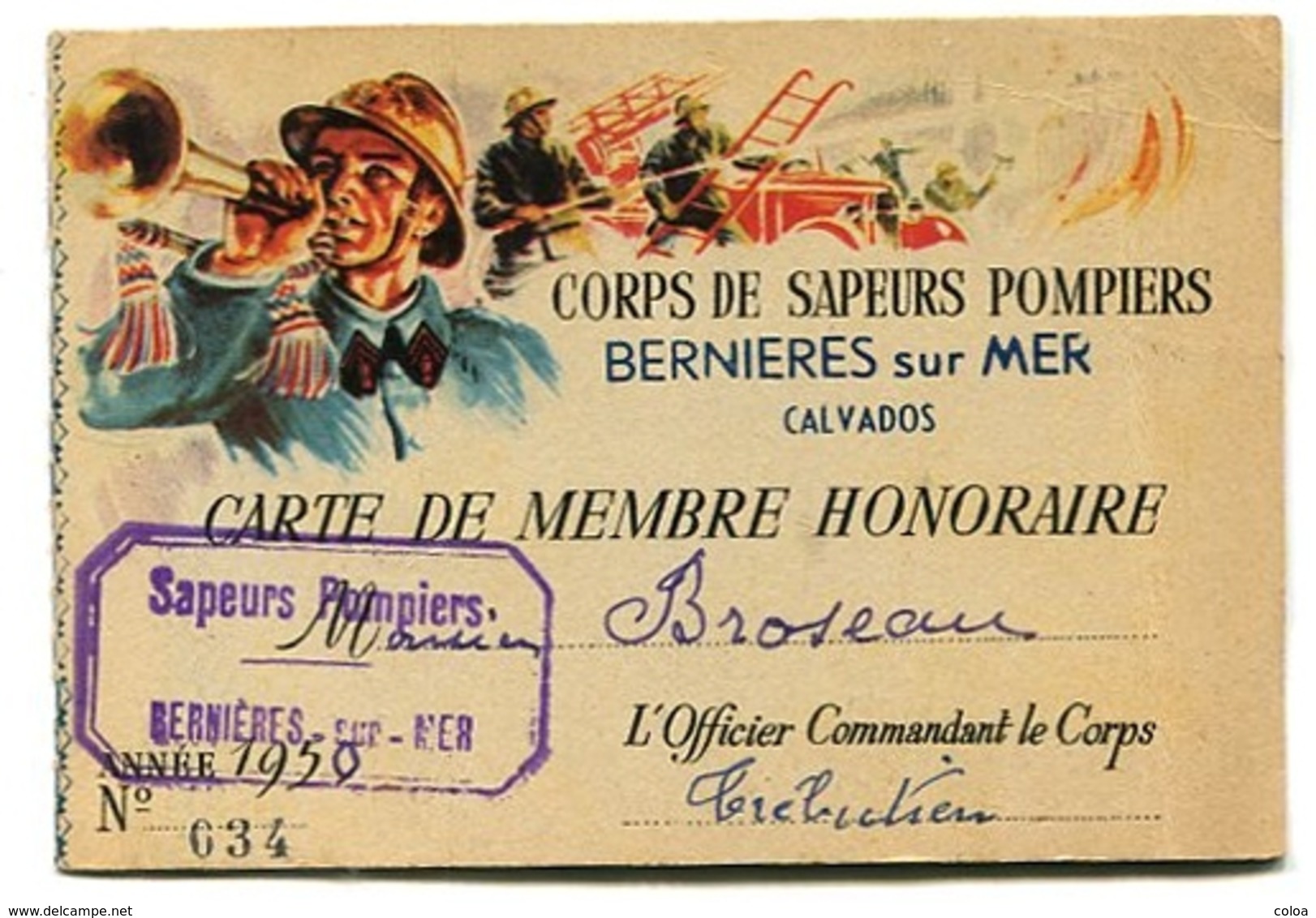 Bernières-sur-Mer Carte De Membre Sapeurs Pompiers 1950 - Zonder Classificatie