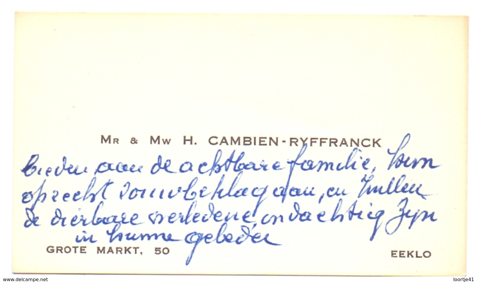 Visitekaartje - Carte Visite - Mr & Mw H. Cambien - Ryffranck - Eeklo - Cartes De Visite