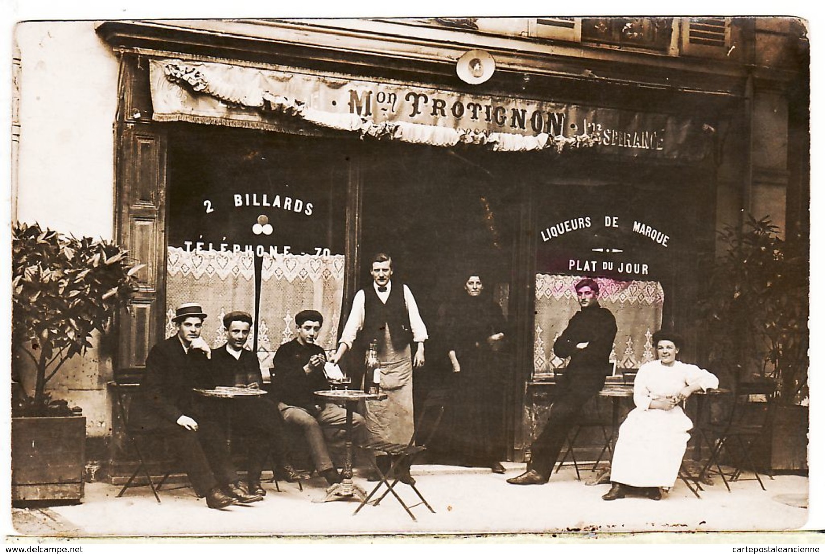 X36042 Rare BUZANCAIS Indre Café-Billard TROTIGNON L'ESPERANCE Carte-Photo Patron Serveur Clients Bistrot Trottoir 1910s - Autres & Non Classés