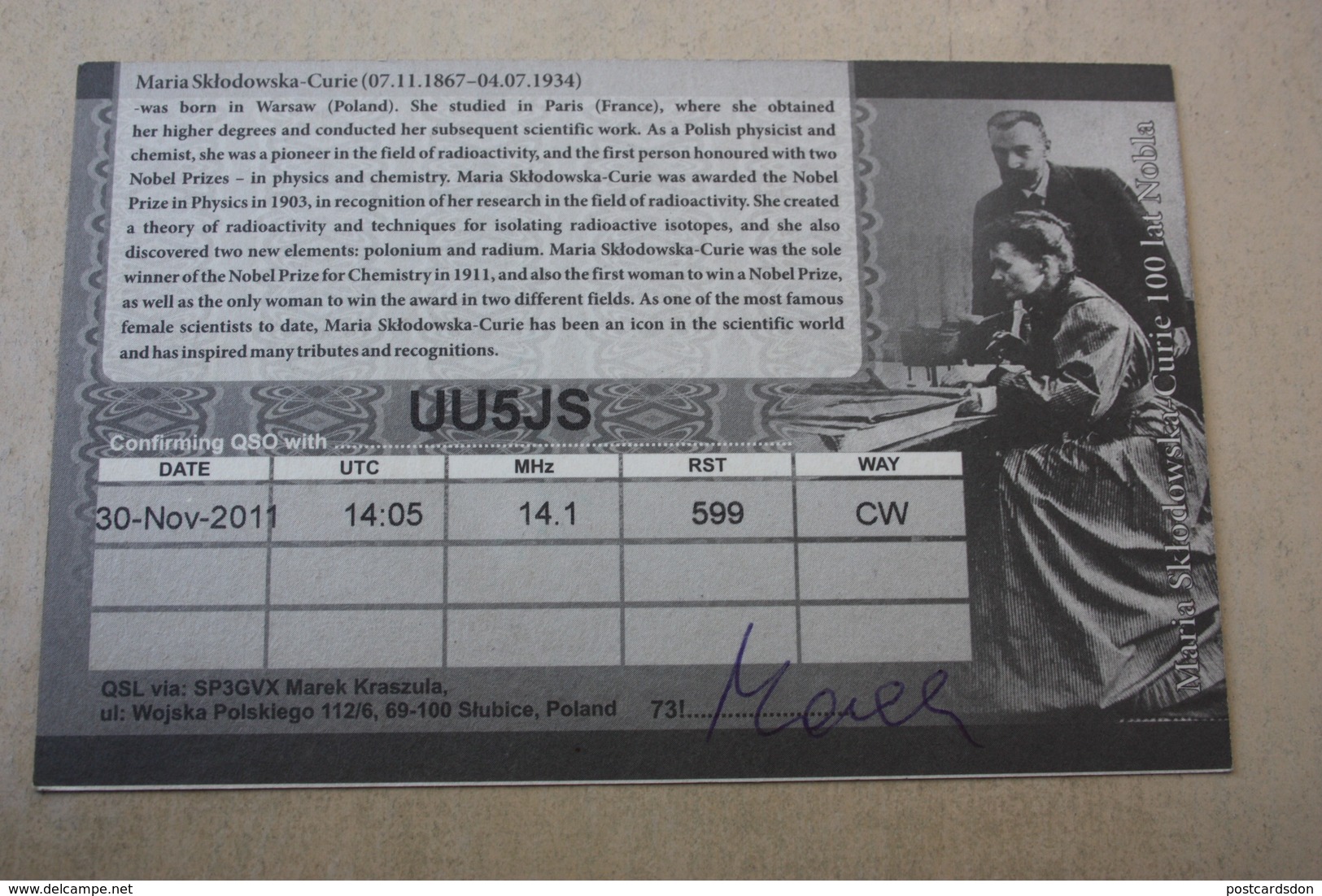 Polish Scientist Maria Sk&#x142;odowska-Curie - Old Polish QSL Postcard - Nobel Prize - Nobelpreisträger