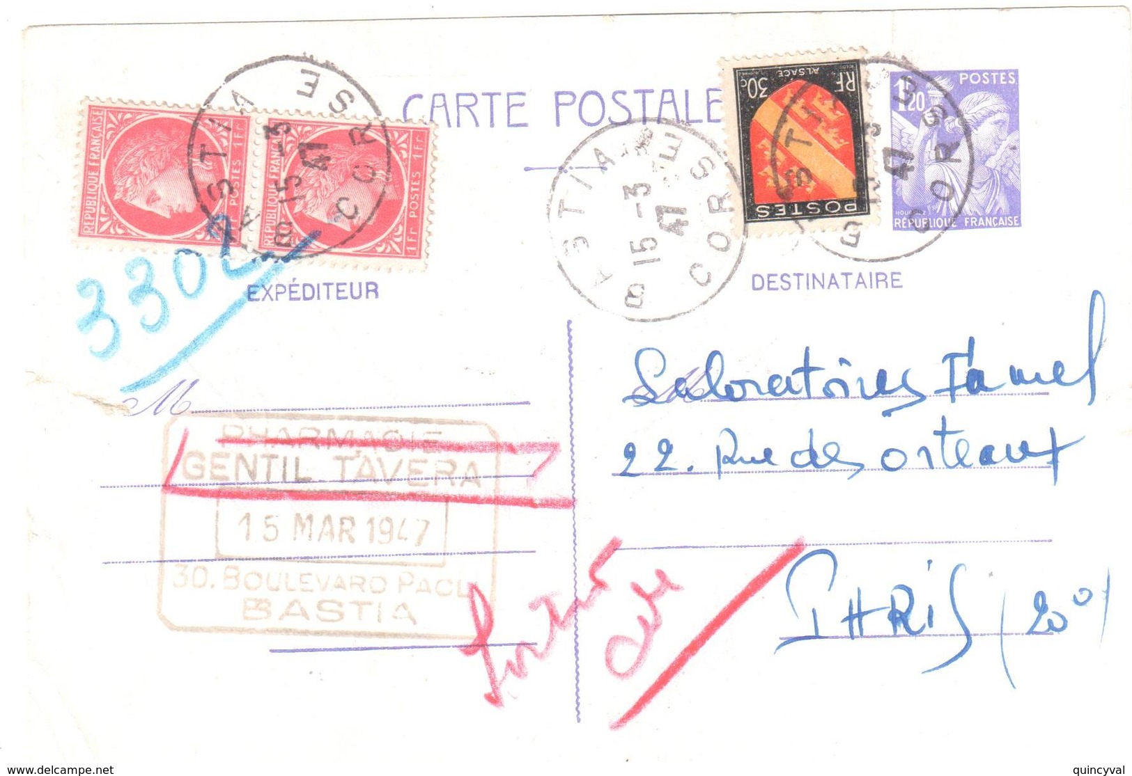 BASTIA Corse Pharmacie TAVERA Carte Postale Entier Iris 1,20 F 30c Alsace 1F Mazelin Rouge  Yv 651-CP1 676 756 Ob 1947 - Lettres & Documents