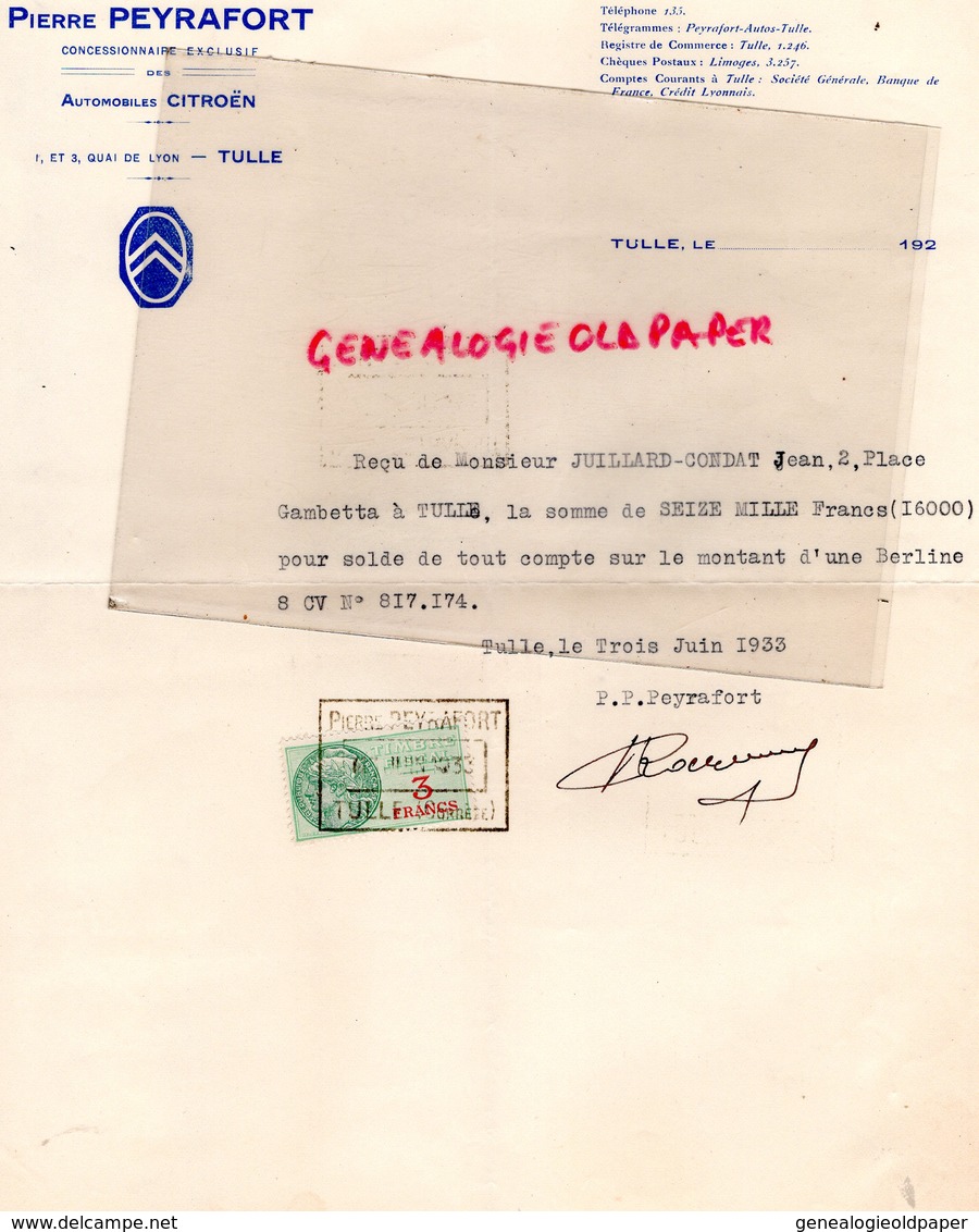 19 - TULLE-RARE  LETTRE PIERRE PEYRAFORT- CONCESSIONNAIRE AUTOMOBILES CITROEN- JEAN JUILLARD CONDAT - 1933 - Cars