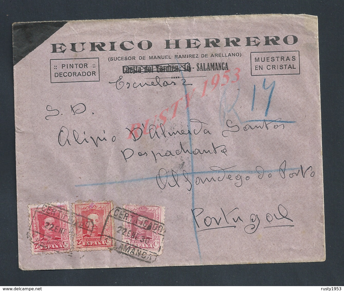 ESPAGNE LETTRE COMMERCIALE SUR TIMBRES EURICO HERRERO PINTRE DECORATEUR A SALAMANCA POUR ALFANDEGO DO PORTO PORTUGAL : - Storia Postale