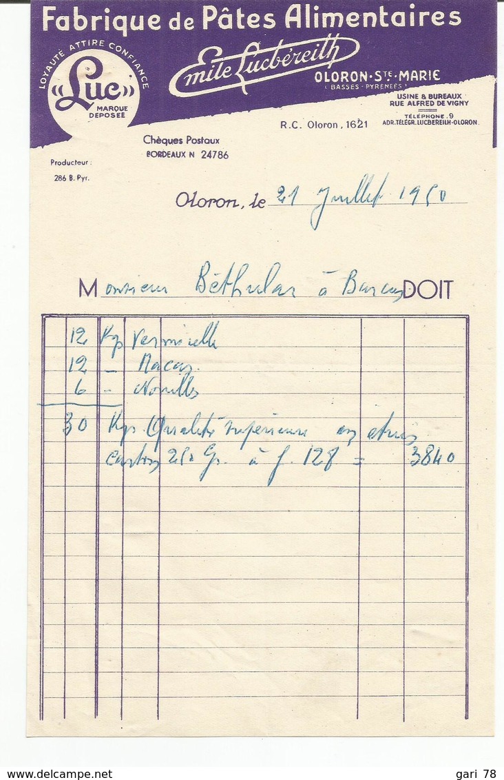 Facture Du 21.07.1950 Fabrique "mile Lucbereilh" De Pâtes Alimentaires "LUC" à OLORON Ste Marie - Alimentaire