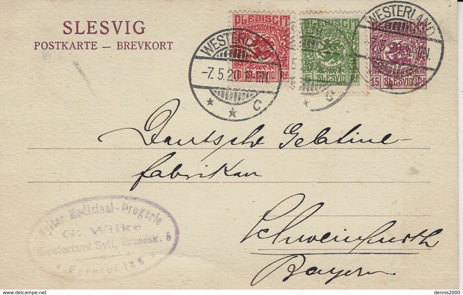 1920 -SLESVIG - Postkarte 15 Pf + 15 Pf From WESTERLAND - Altri & Non Classificati