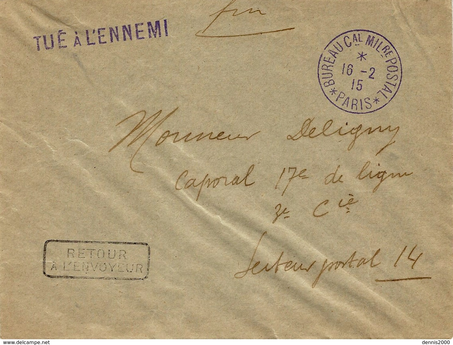 1915 - Env.  " TUE A L'ENNEMI  + Cad " BUREAU C.al MIL.re POSTAL * PARIS * - Guerra Del 1914-18