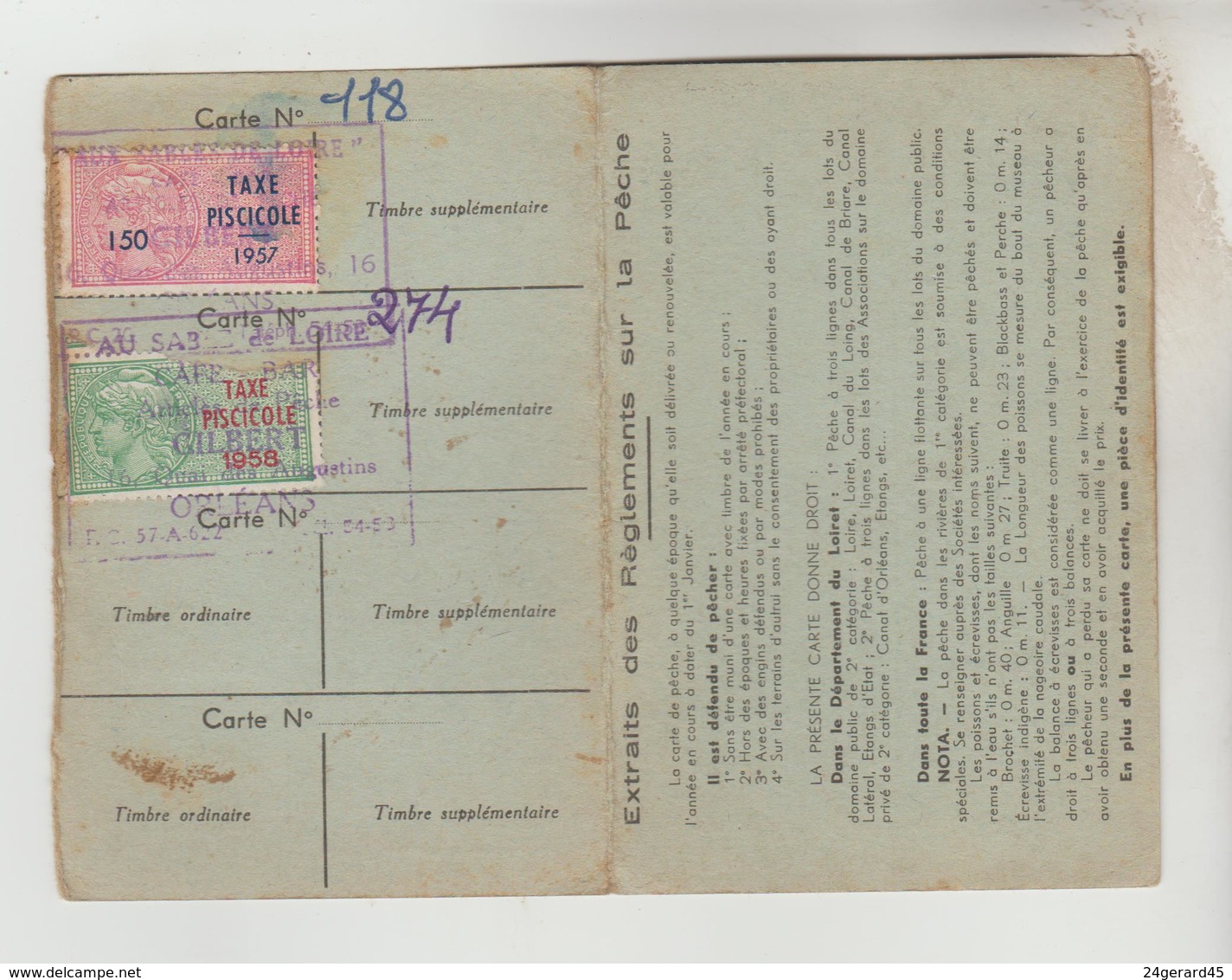 CARTE DEPARTEMENTALE DE PECHE N°1414 DU LOIRET - ERINNOPHILIE TIMBRE FISCAL 1956,1957, 1958 - Autres & Non Classés