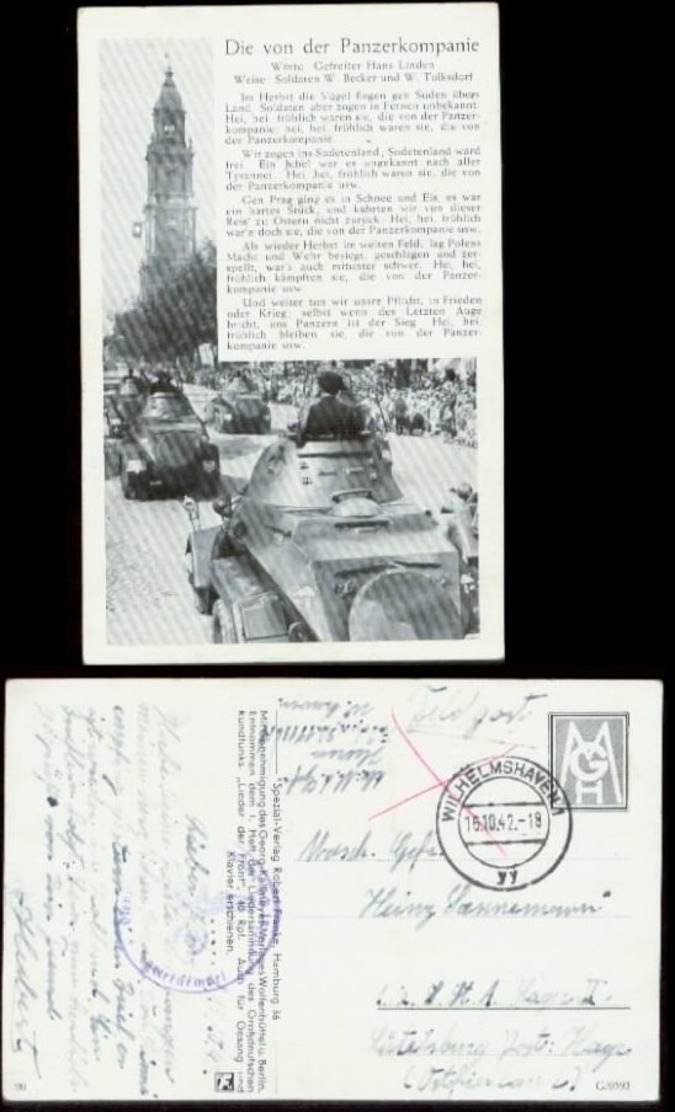 WW II Lieder Karte : Panzerlied, Die Von Der Panzerkompanie, Gebraucht Feldpost Wilhelmshaven 1942. - Lettres & Documents