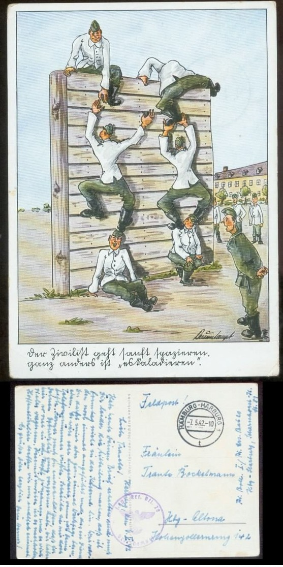 WW II Postkarte , Militär Humor: Gebraucht Feldpost Hamburg Harburg - Altona 1942 . Bedarfserhaltung. - Briefe U. Dokumente