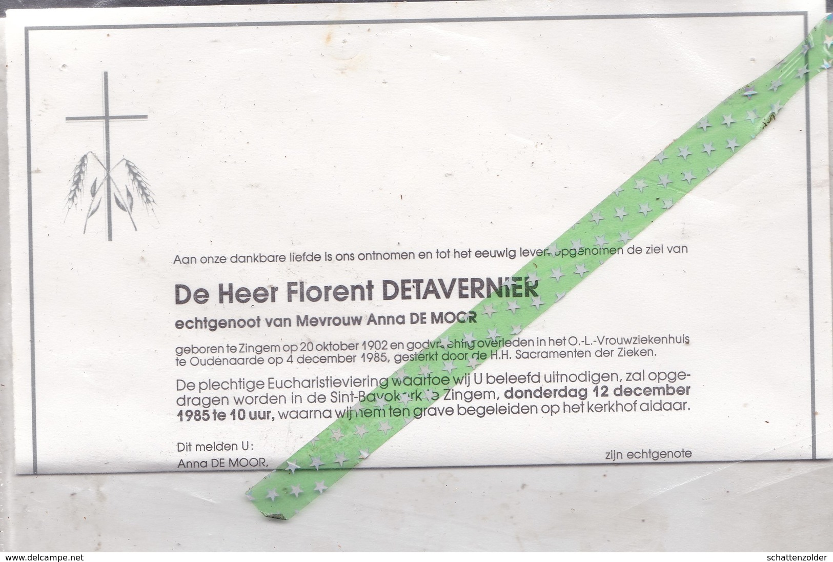 Overlijdensbrief Florent Detavernier-De Moor, Geboren Zingem 1902, Overleden Oudenaarde 1985 - Overlijden