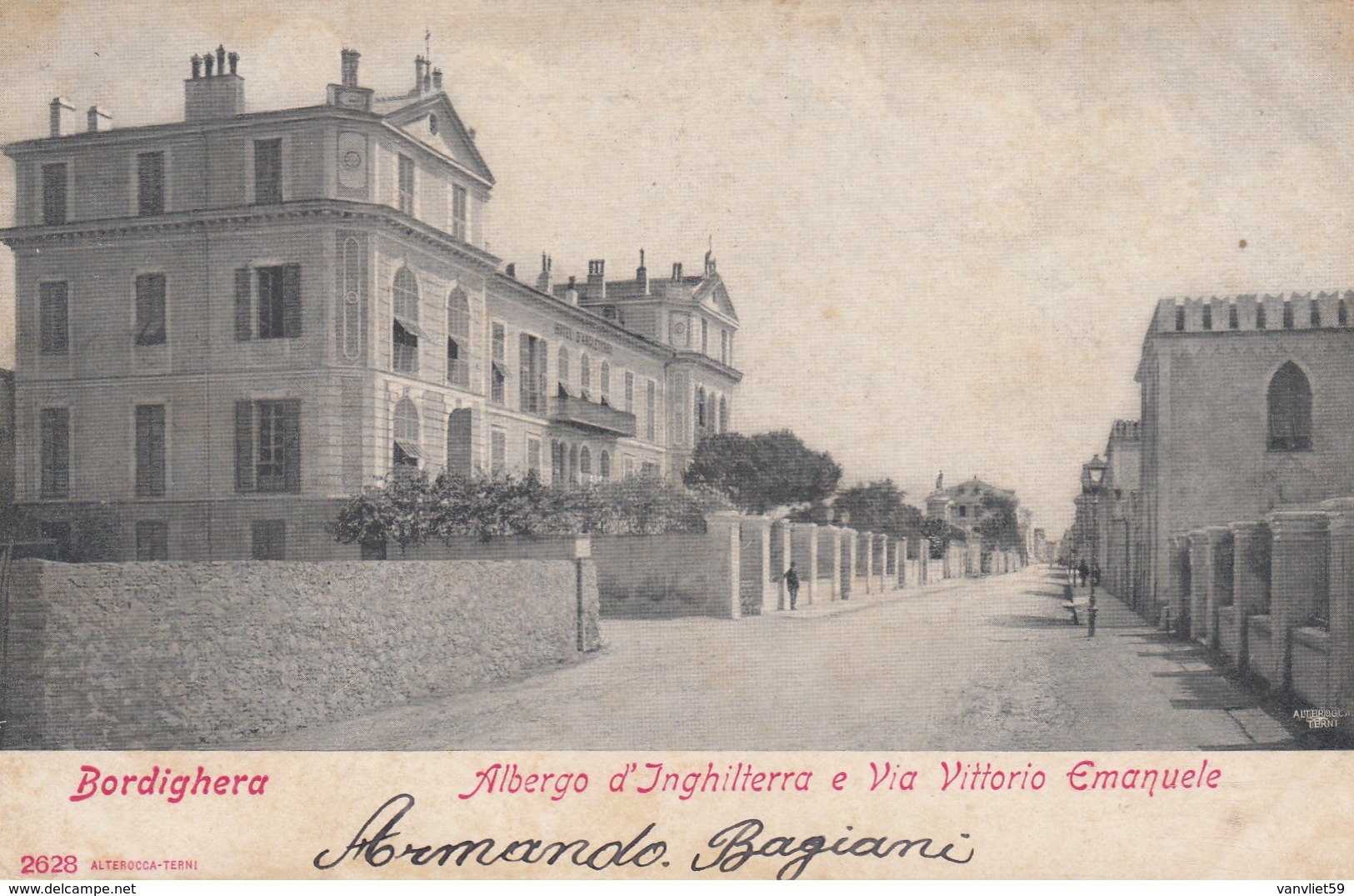 BORDIGHERA-IMPERIA-ALBERGO D'INGHILTERRA E VIA VITTORIO EMANUELE-CARTOLINA VIAGGIATA NEL 1904 - Imperia