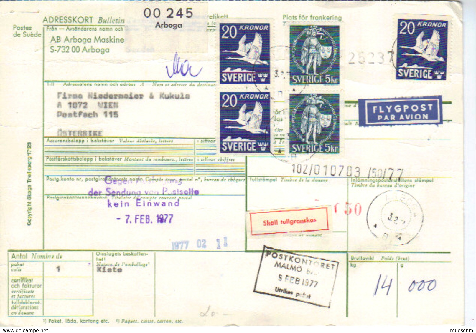 Schweden, Paketkarte Aus 1977 über Flugpost-Sendung Von Arboga Nach Wien, Frankiert Teilweise Mit Sondermarken (9158W) - Briefe U. Dokumente